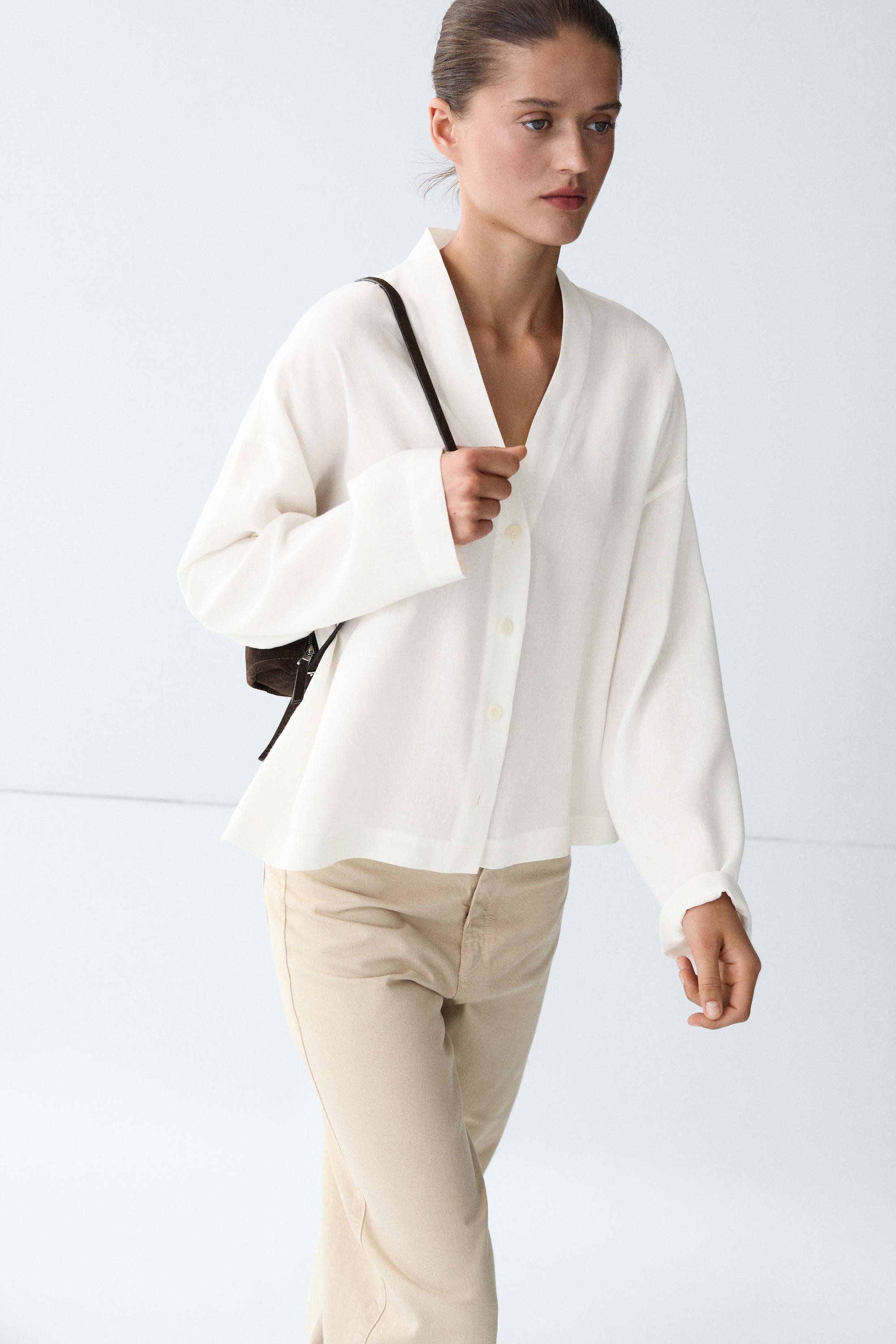Flowing linen-blend V-neck shirt — White