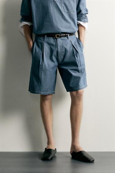 LIGHTWEIGHT PLEATED DENIM BERMUDA SHORTS - Blue by Zara