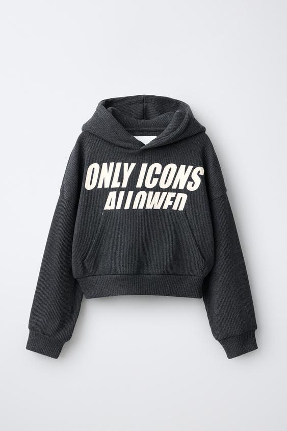 RIBBED SLOGAN HOODIE - Anthracite Grey by Zara - Image 0