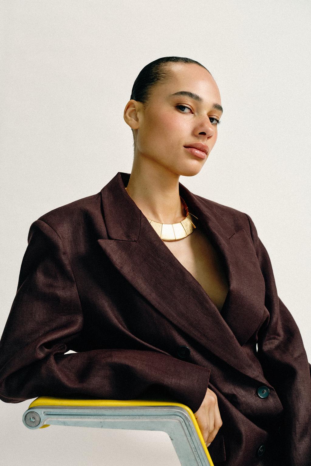 100% LINEN DOUBLE BREASTED BLAZER WITH SHOULDER PADS - image 2