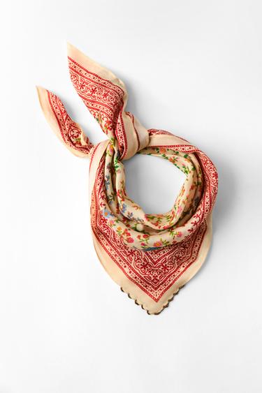 LENÇO DE SEDA ESTAMPADO FLORES E MISSANGAS - Cru da Zara