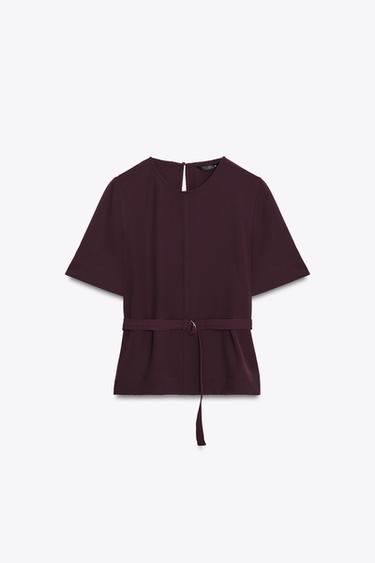 SHORT SLEEVE BELTED TOP - Aubergine by Zara