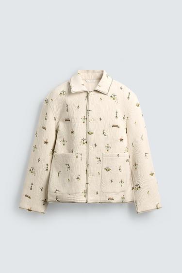 Zara FLORAL EMBROIDERED JACQUARD JACKET - Ecru