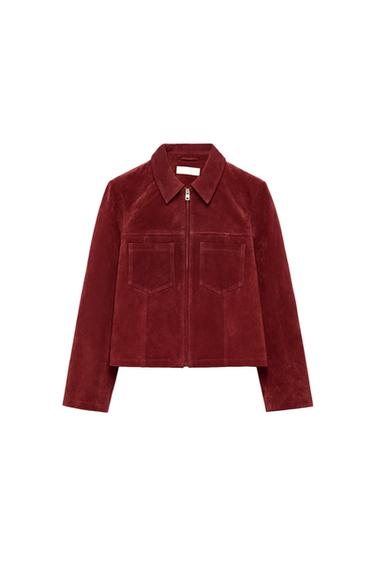CAZADORA PIEL 100% BOLSILLOS - Rojo oscuro de Zara