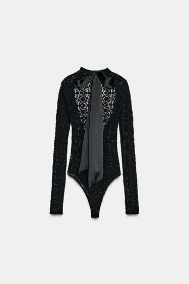 SATIN BOW LACE BODYSUIT - Black by Zara - Image 1