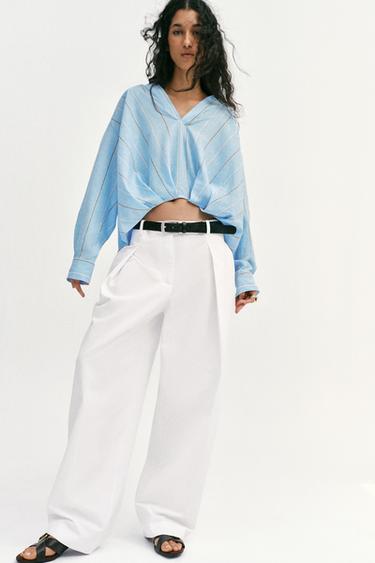 LINEN BLEND SHIRT WITH PUFFED HEM - Sand / Blue by Zara - Image 0