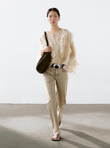 Zara Flowing blouse with ruffles - Beige / Green