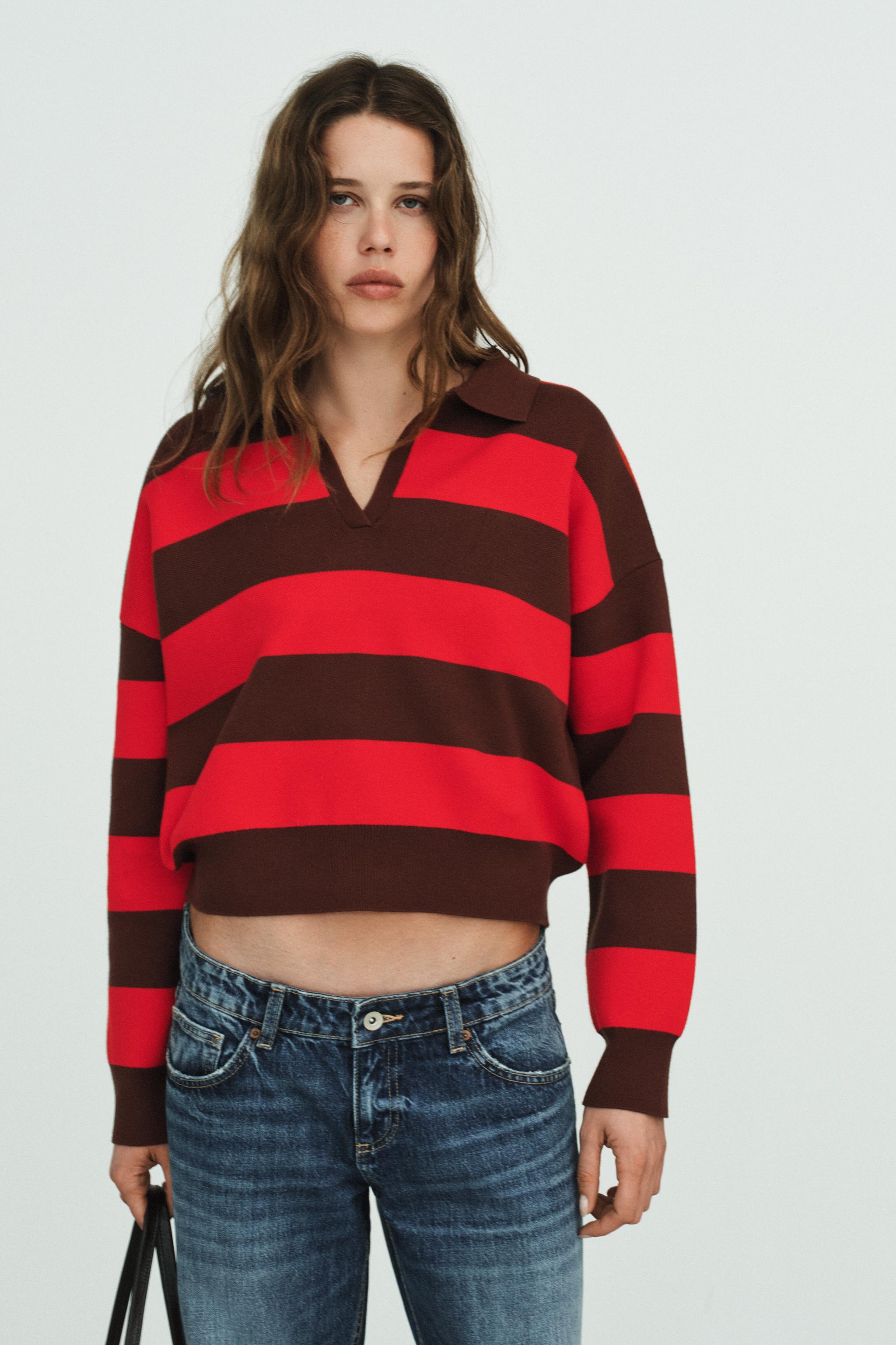 ザラ　オープンニット ポロトップ ZARA（ザラ） 未使用品 タグ付き ニットポロシャツ 半袖 M ストライプ