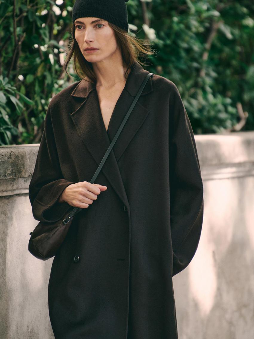 Long double-breasted wool blend coat