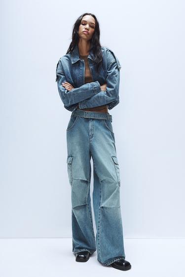 Zara BELTED CARGO JEANS - Blue