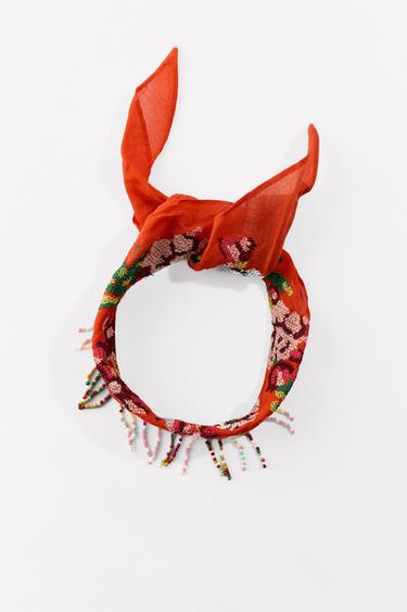 Zara EMBROIDERED BEADED SCARF - Red