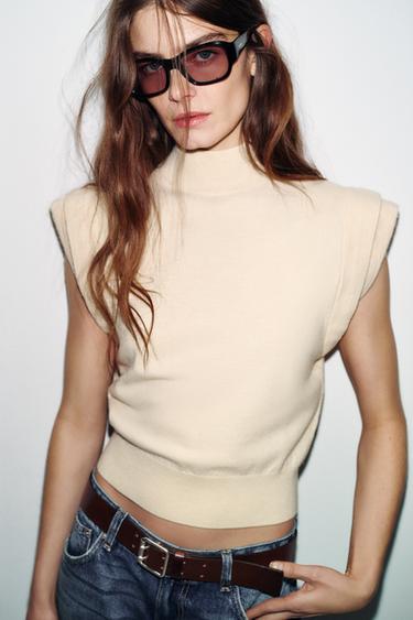 PLAIN KNIT TOP WITH PADDED SHOULDERS - Mid-ecru by Zara