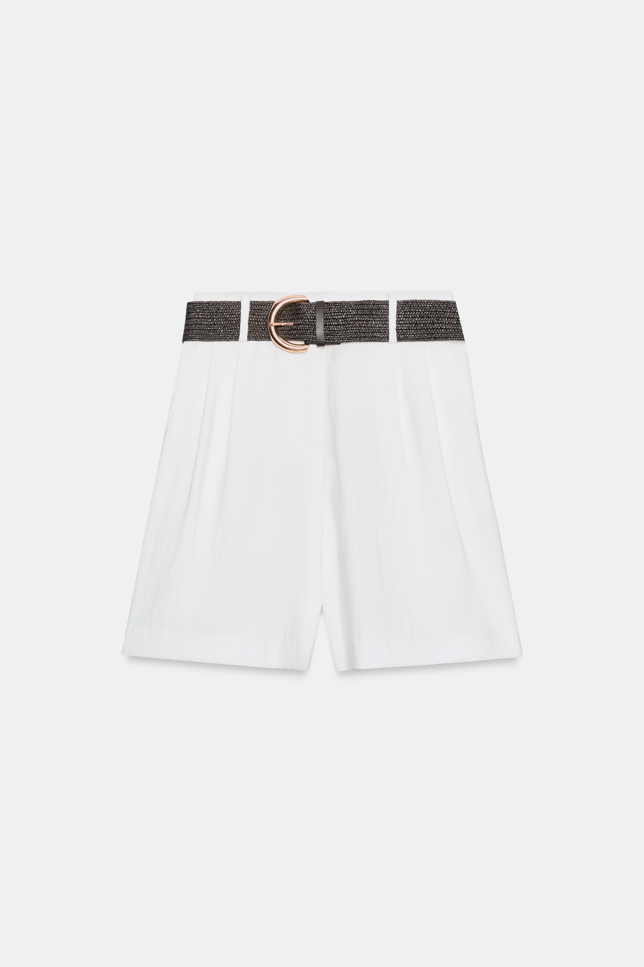 ベルト付きダーツバミューダパンツ - ホワイト | ZARA Japan / 日本
