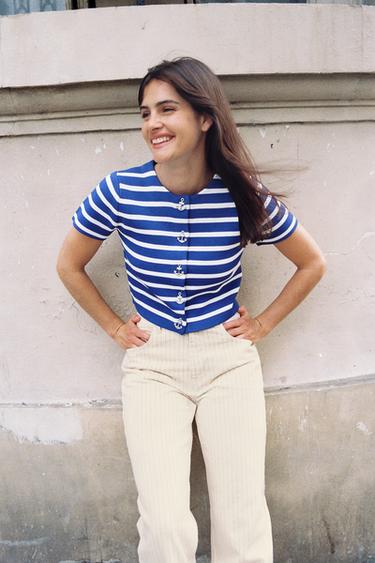 CHAQUETA PUNTO RAYAS MANGA CORTA - rayas de Zara