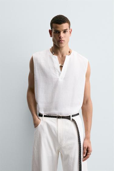 Zara 100% LINEN POLO SHIRT - White