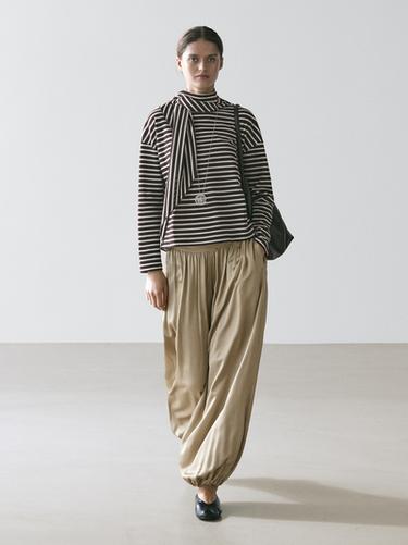 Zara Cotton blend striped T-shirt with scarf detail - Brown - Image 0