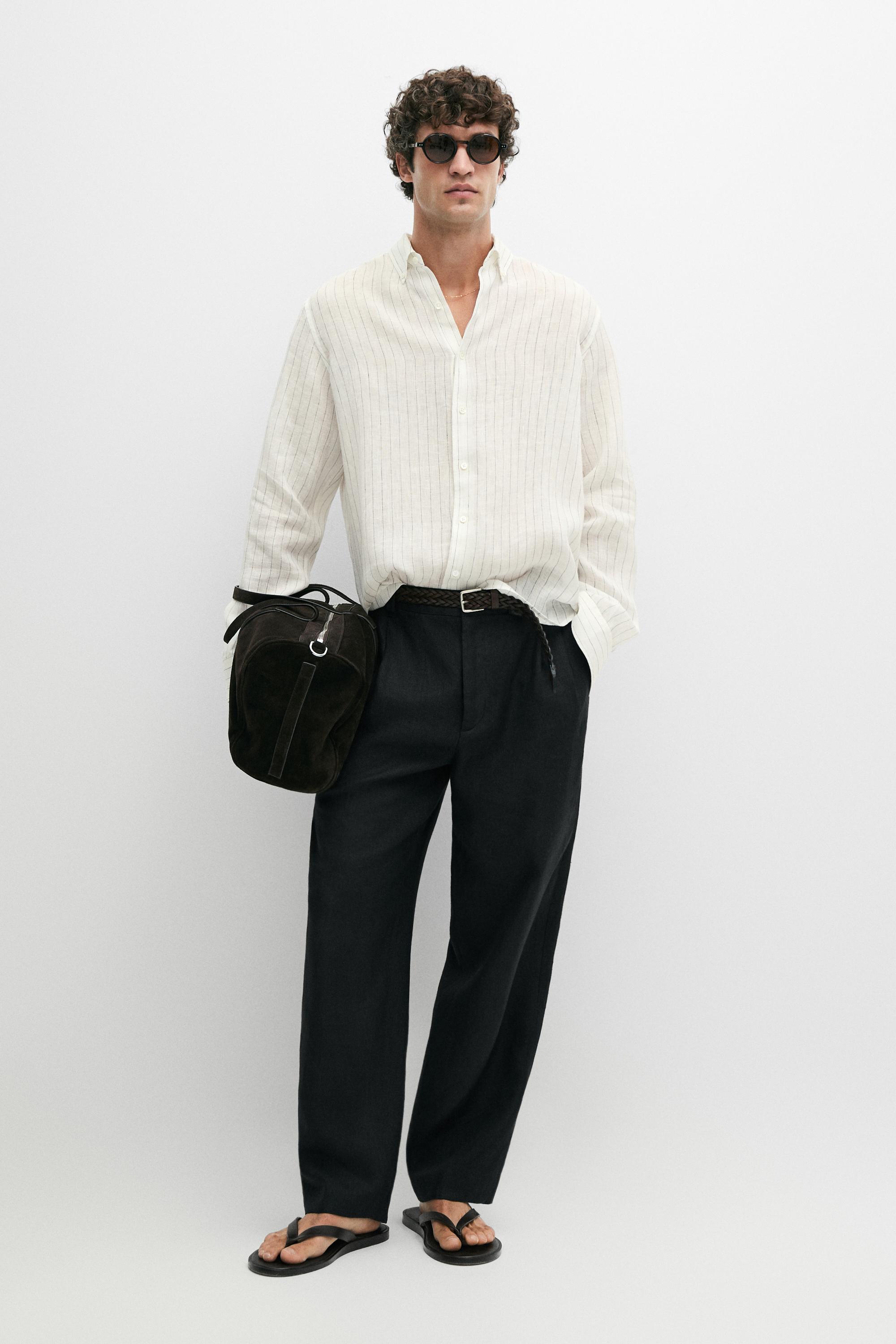 100% linen regular fit striped shirt — Ecru