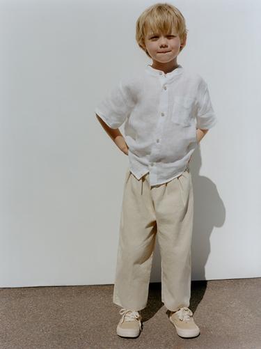 LINEN STAND COLLAR SHIRT - Ecru by Zara