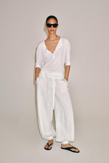 T-SHIRT À COL TUNISIEN EN COTON - Blanc de Zara