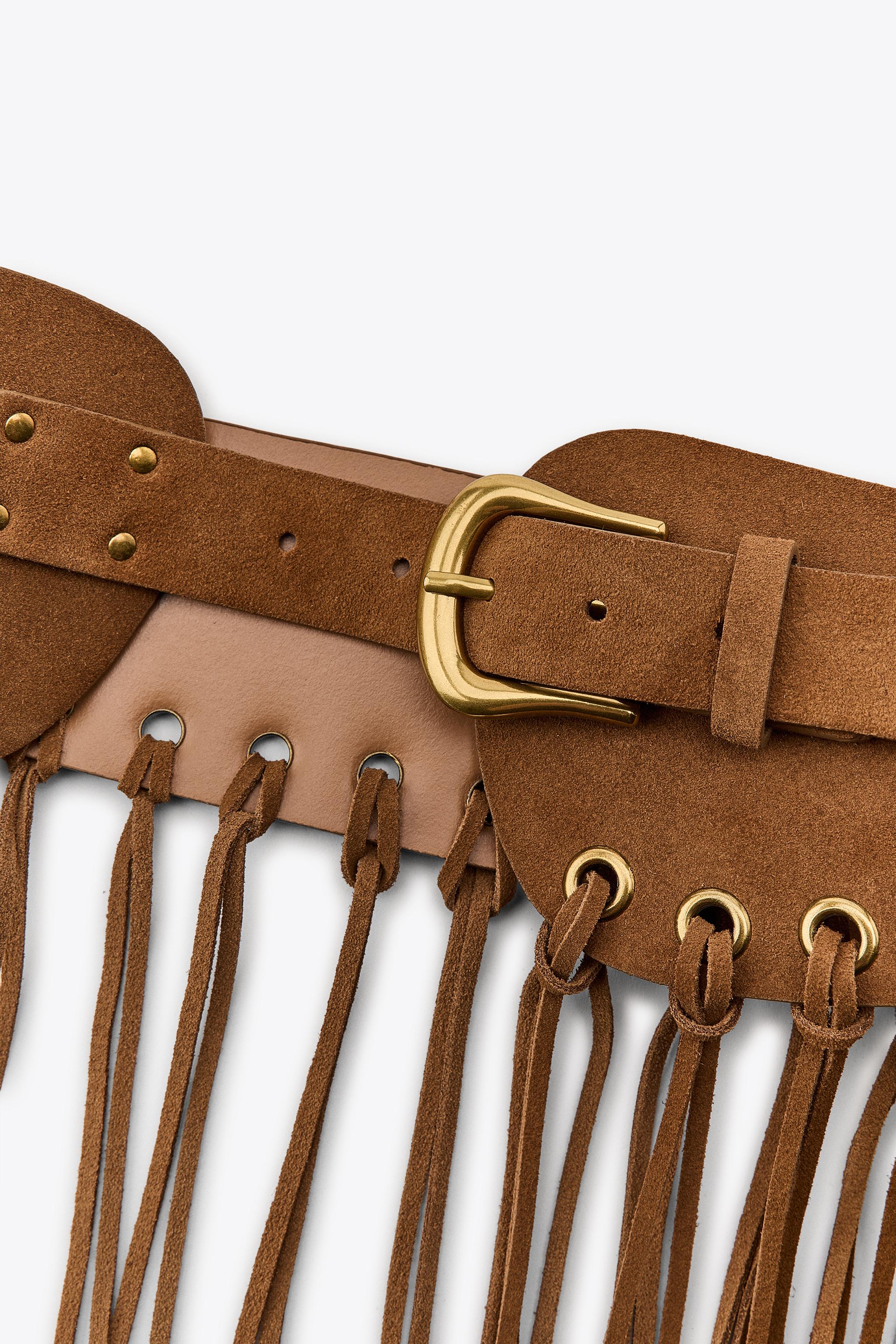 HERITAGE LEATHER FRINGE BELT ベージュ LEATHER FRINGED OBI BELT - taupe brown | ZARA Canada