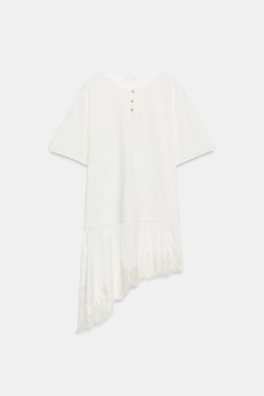 T-SHIRT EN MATIÈRES VARIÉES ET DENTELLE À COL TUNISIEN - Écru de Zara - Image 3