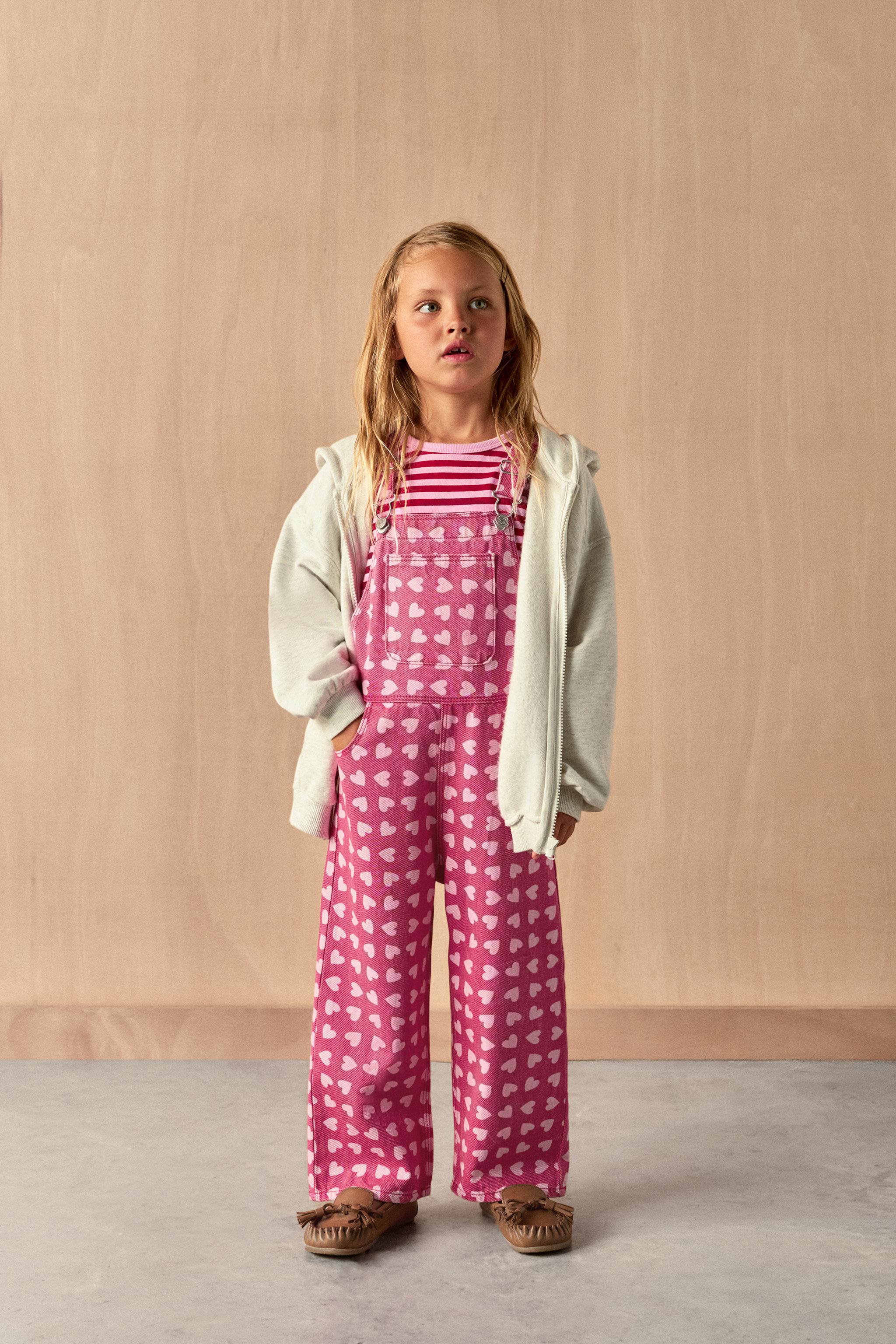HEART PRINT TWILL OVERALLS — Pink