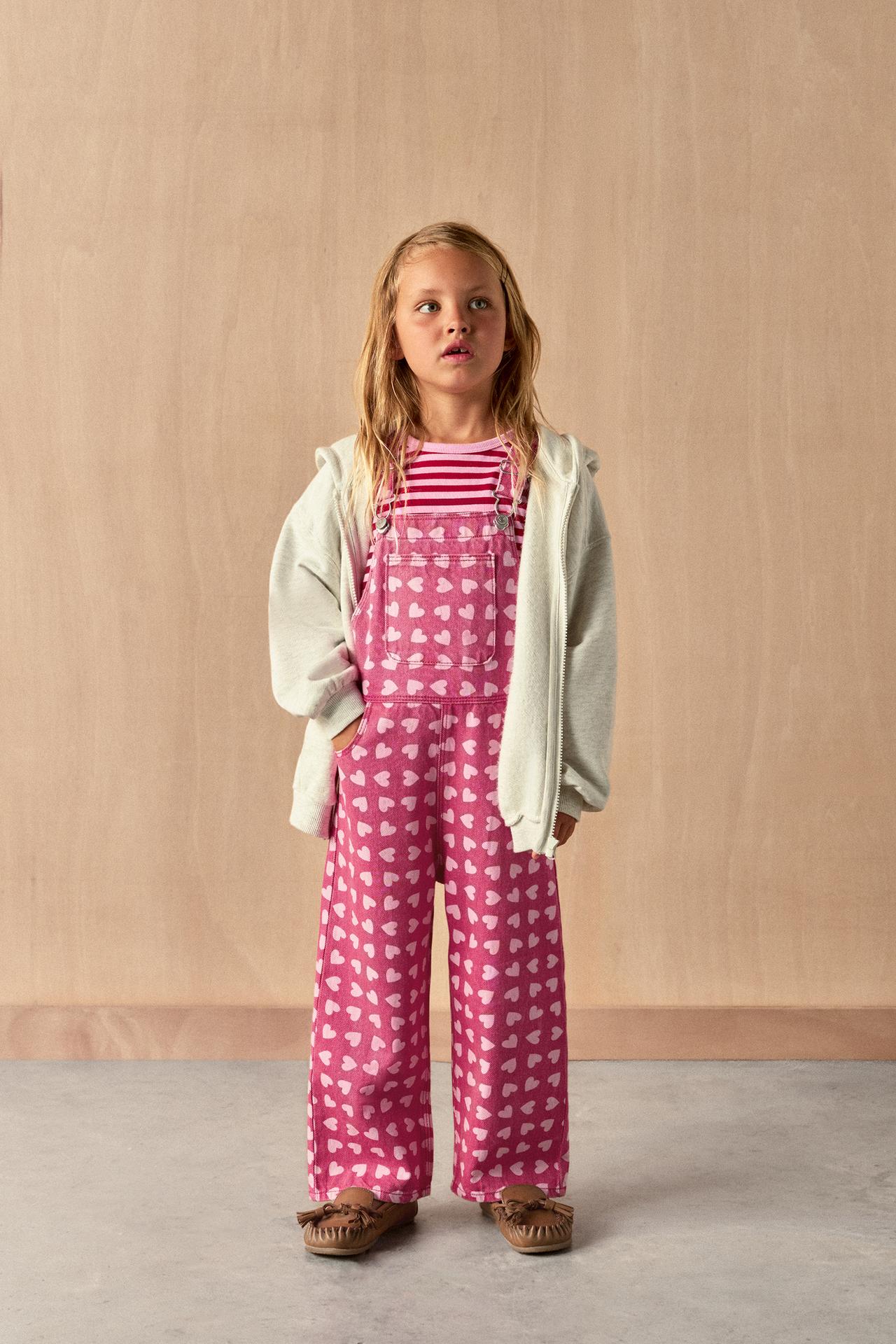 HEART PRINT TWILL OVERALLS — Pink