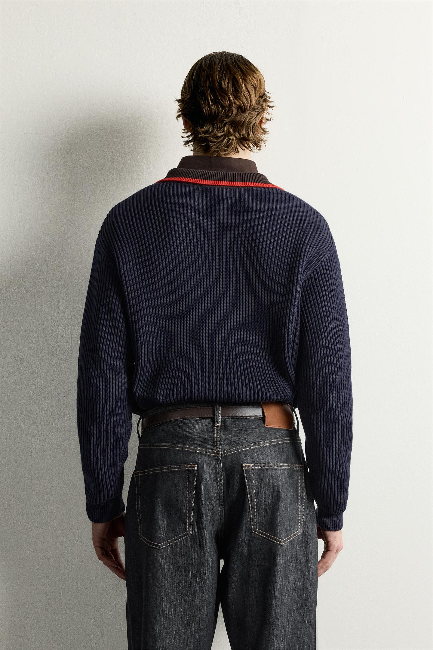 Мужское поло Zara Contrast Collar Knit Polo, цвет: Тёмно-синий — фото 3