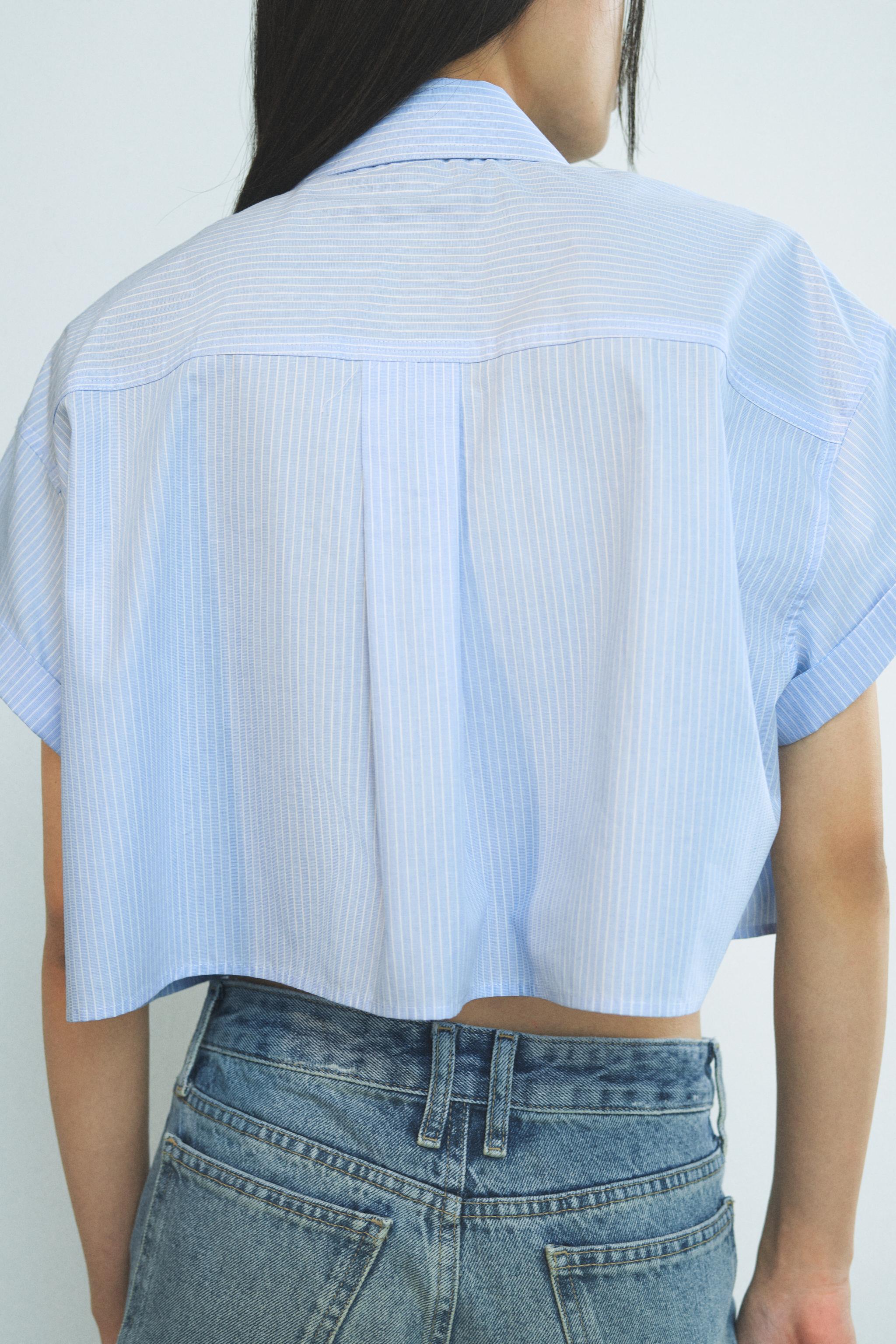 ZARA － クロップドポプリンシャツ（White×Blue） ZARA クロップドポプリンシャツ Mサイズ ブルー｜Yahoo!フリマ