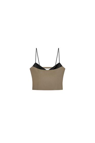 Front view of a brown crop top with spaghetti straps and a V-neck.