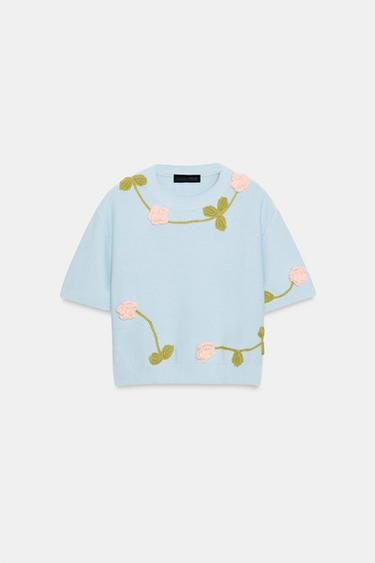 KNIT JUMPER WITH FLORAL SHORT SLEEVES - Light blue by Zara - Image 5