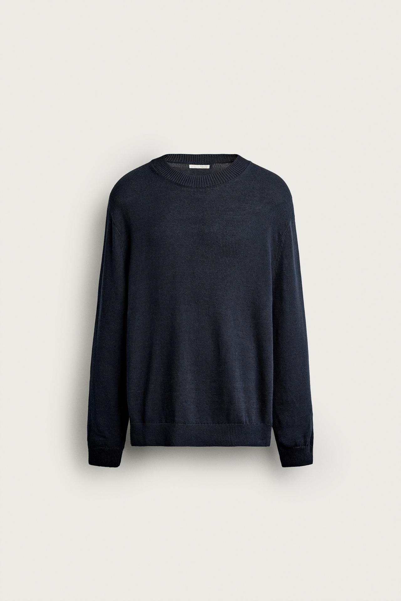COTTON-LINEN REGULAR FIT SWEATER — Dark navy