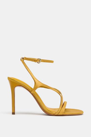 SATIN STRAPPY STILETTO HEEL SANDALS - Ochre by Zara
