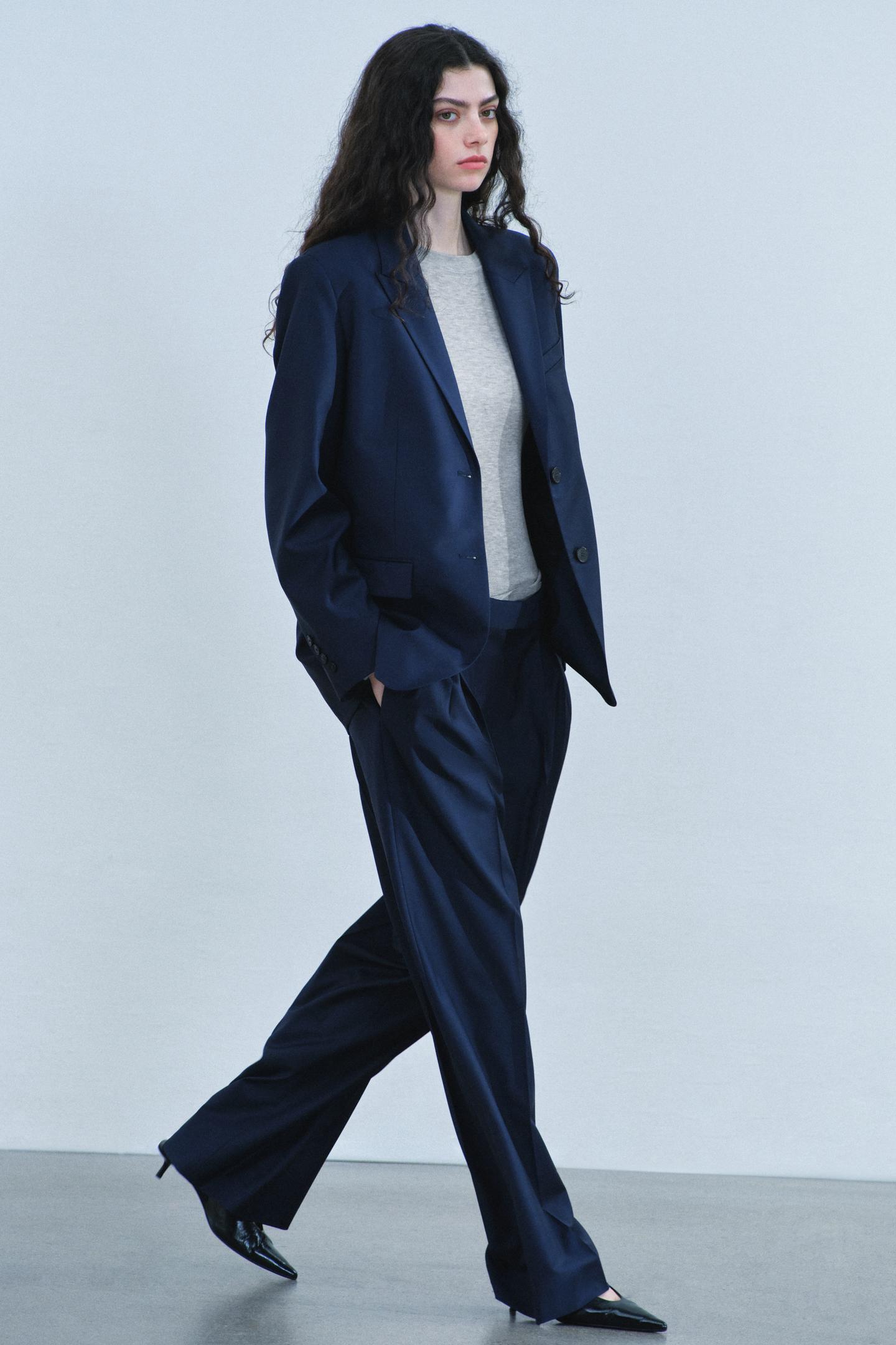 Женский пиджак Zara ZW Collection Wool-Blend Straight-Fit Blazer, цвет: Тёмно-синий — фото 5