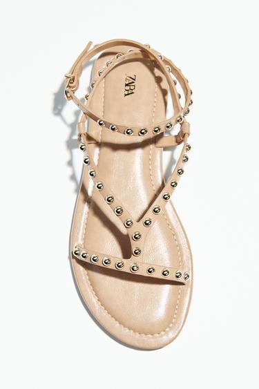 FLAT SANDALS WITH METALLIC BEAD STRAPS - Beige by Zara