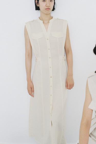 リネン ベルトループ付きミディ丈ワンピースエクリュZaraのリネン ベルトループ付きミディ丈ワンピース - エクリュ