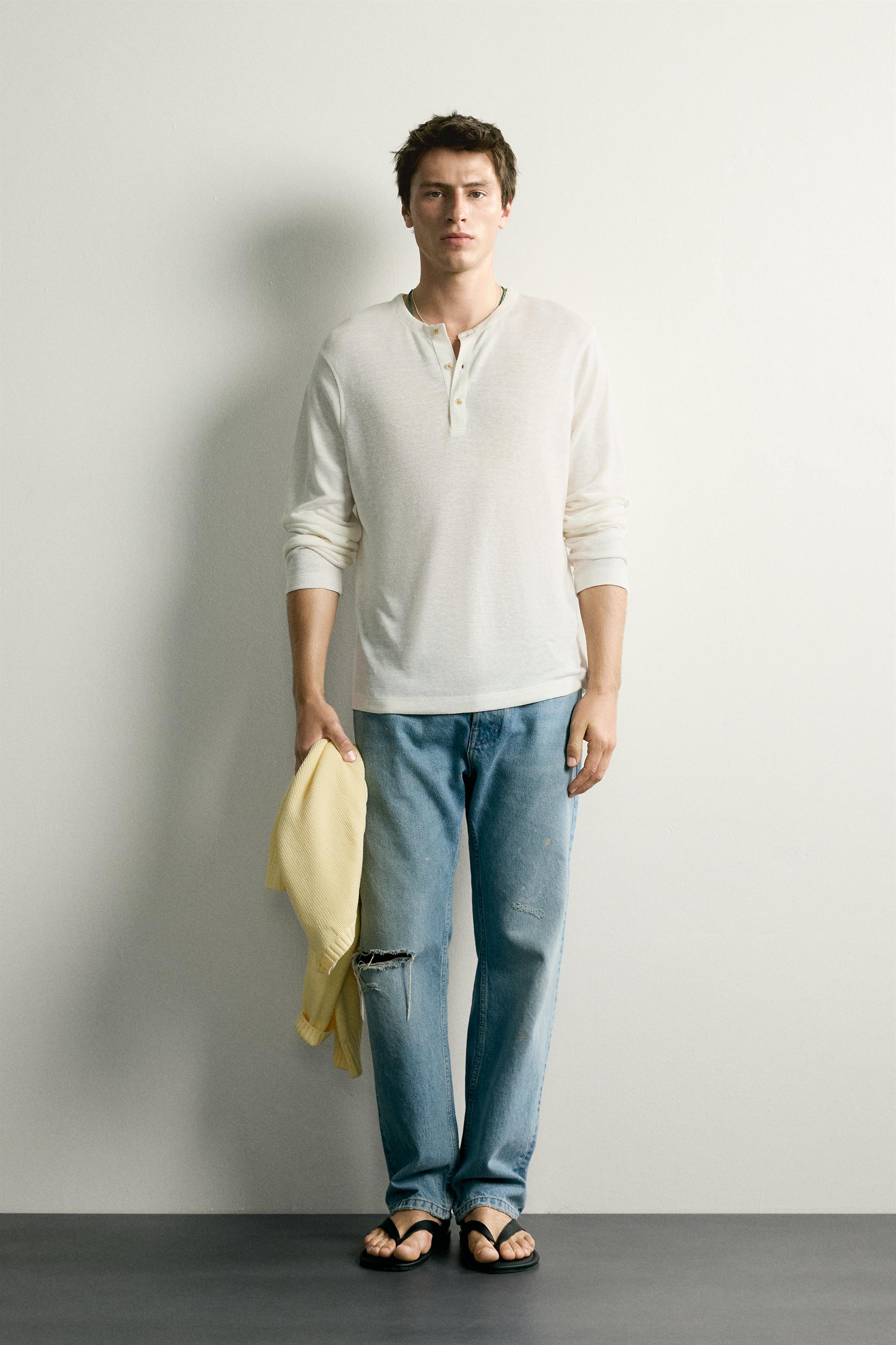 Мужские рубашки Zara HEMP-VISCOSE HENLEY SHIRT