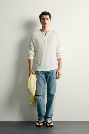 HEMP-VISCOSE HENLEY T-SHIRT - Oyster-white by Zara
