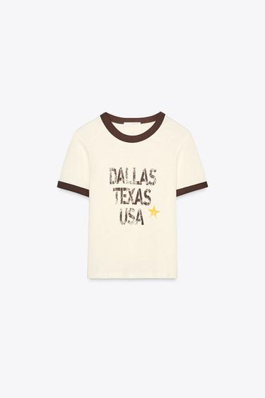 Zara FLAME TEXT T-SHIRT - Ecru / Brown