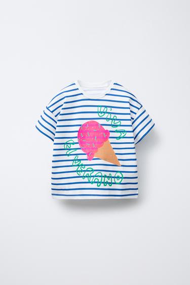 Zara STRIPED PRINT T-SHIRT - Blue marl