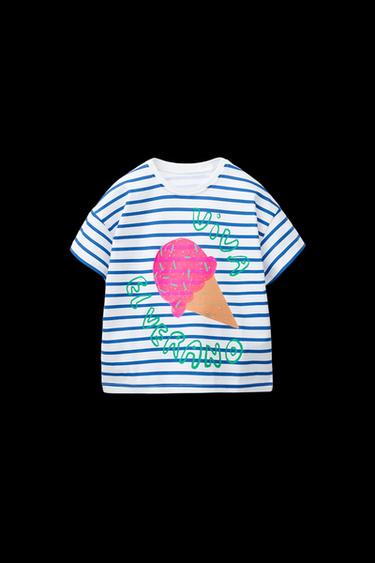 Zara STRIPED PRINT T-SHIRT - Blue marl - Image 0