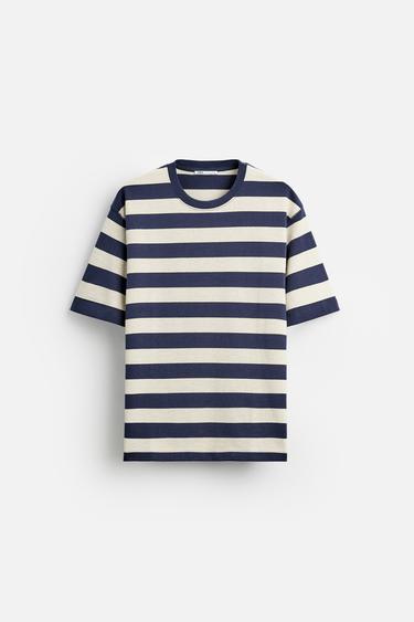 Zara STRIPED T-SHIRT - Gray / Blue