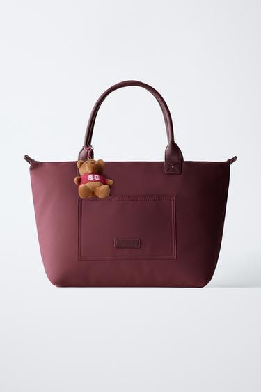 Zara NYLON SHOPPER BAG WITH TEDDY BEAR CHARM - Maroon - Image 0