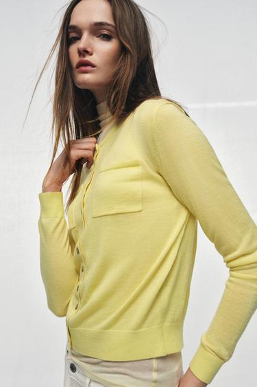 Zara 羊毛口袋開襟衫 - 淺黃色