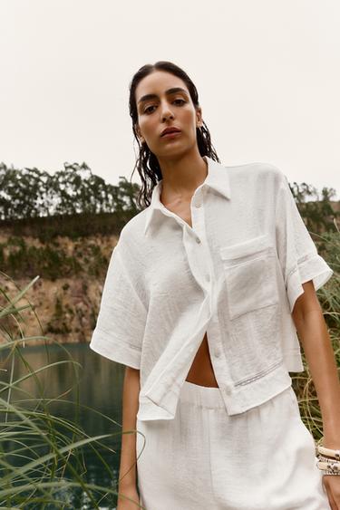 CHEMISE COURTE OURLETS - Blanc cassé de Zara