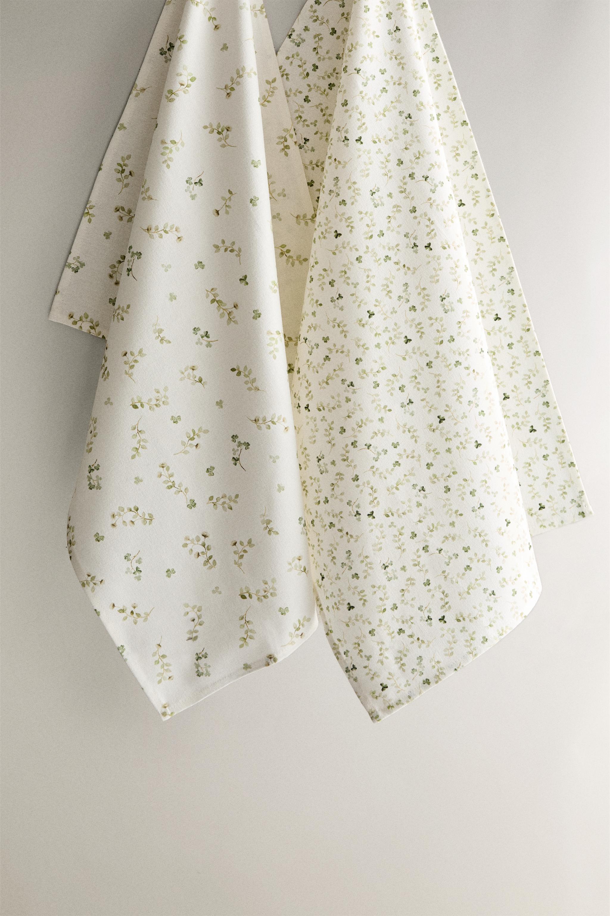 PACK OF COTTON FLORAL KITCHEN TOWELS (PACK OF 2) - Green | ZARA