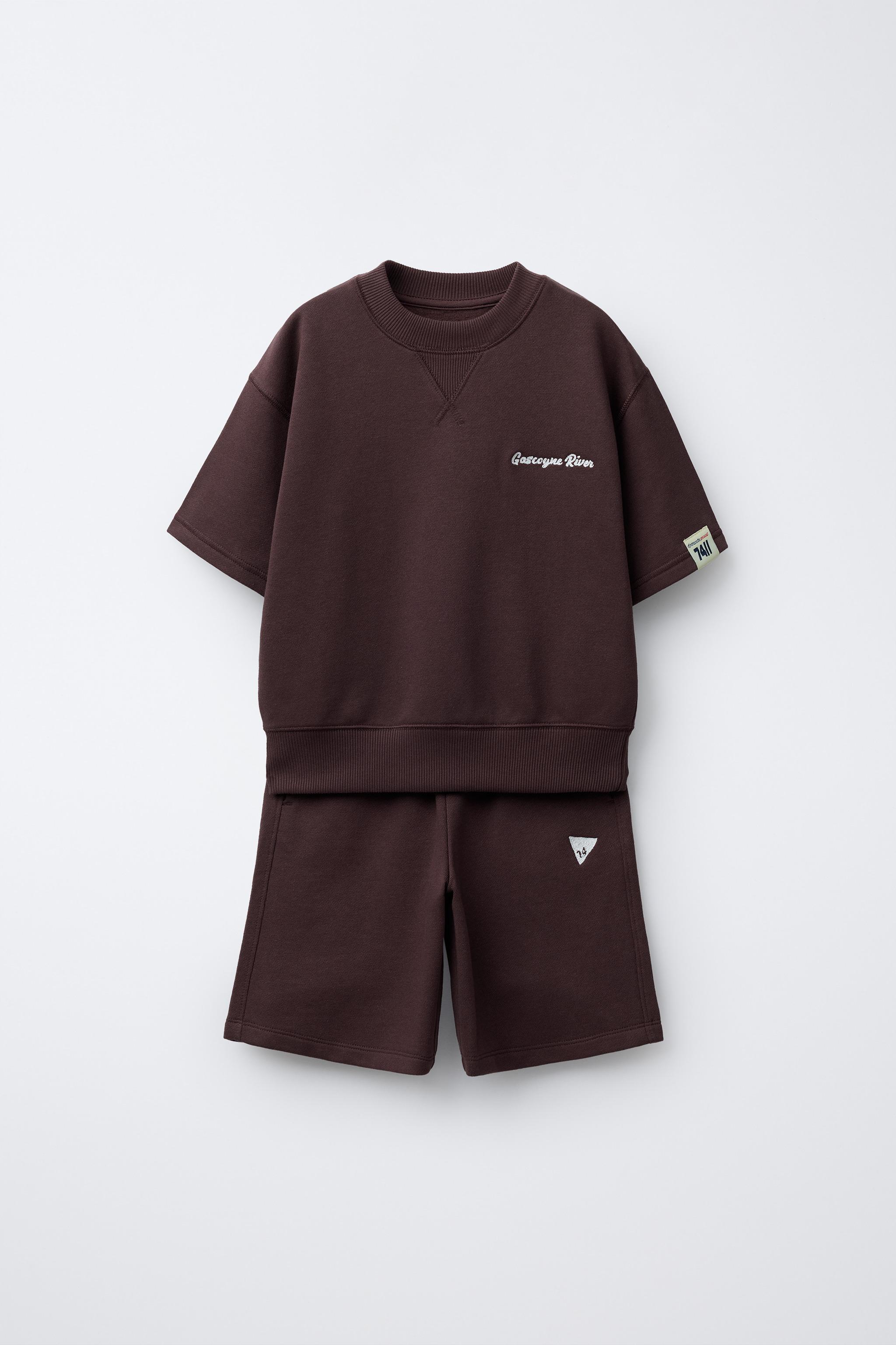 EMBROIDERED TEXT T-SHIRT AND BERMUDA SET - Eggplant | ZARA United
