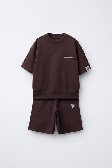 EMBROIDERED SLOGAN T-SHIRT AND BERMUDA SHORTS SET - Aubergine by Zara