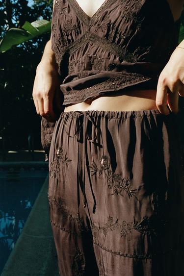 Zara EMBROIDERED BEADED CAMISOLE - Brown