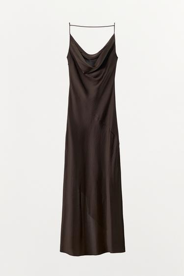 Zara DRAPED NECK SATIN DRESS - Dark brown